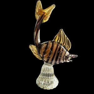 Vintage Murano Art Glass Fish Sculpture‎ Amber Brown Striped Figurine Italy